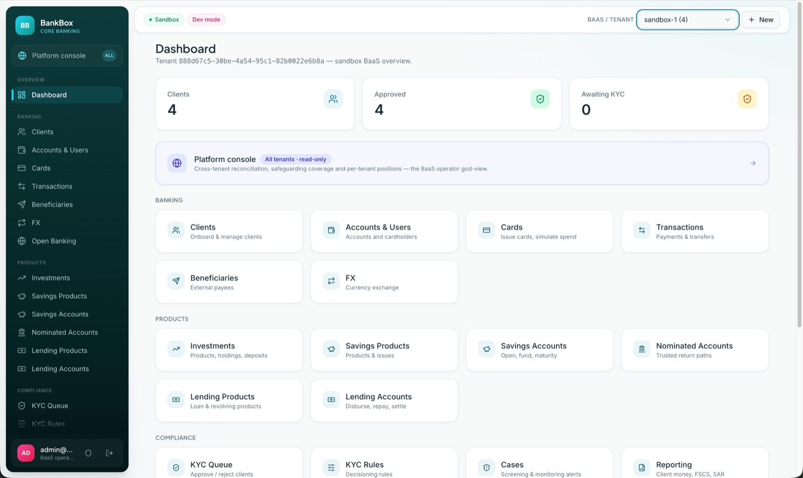 Universal Sandbox dashboard showing banking, products and compliance modules across a sandbox tenant