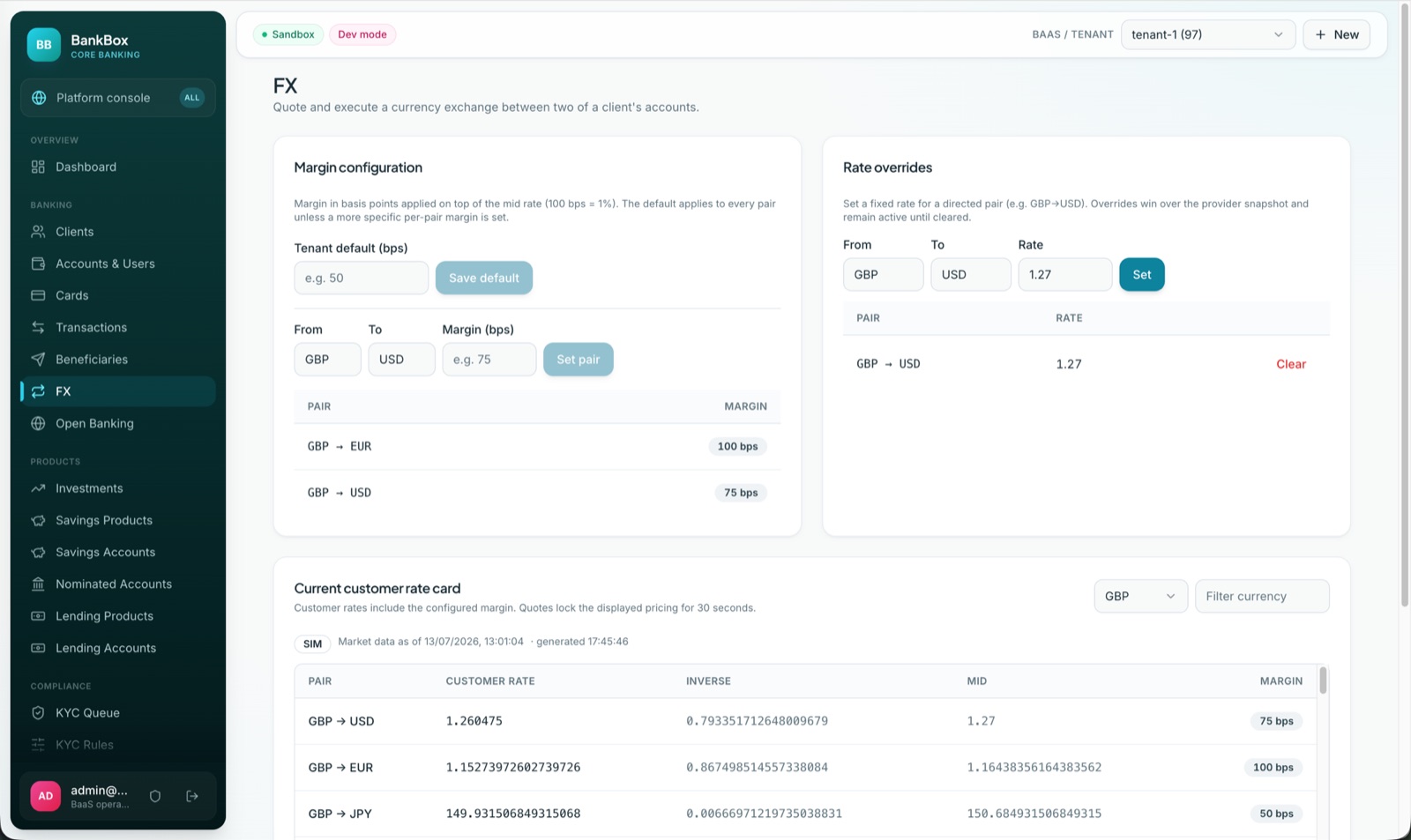 Universal Sandbox FX screen with margin configuration in basis points, rate overrides and a live customer rate card
