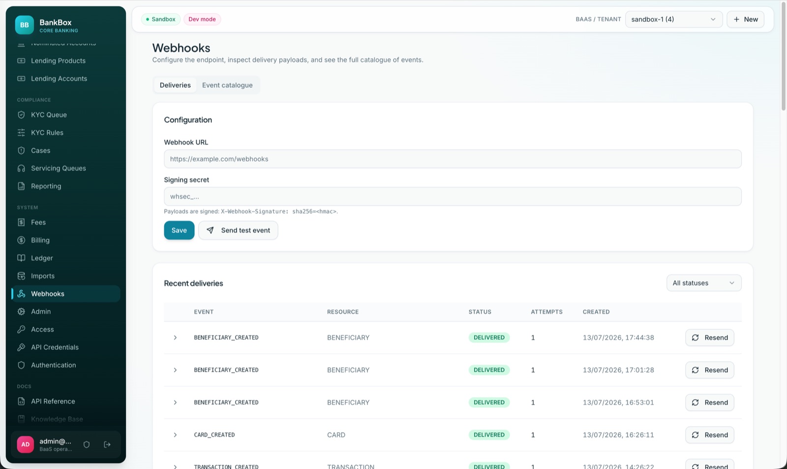Universal Sandbox webhooks screen with signed payloads, an event catalogue and replayable deliveries
